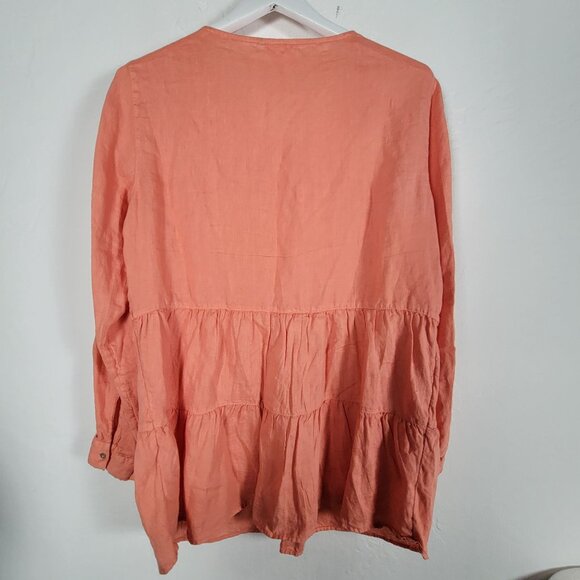 Sigrid Olsen Womens Coral Tiered Button Front Linen Tunic Top Large Roll-Sleeve - Picture 2 of 7